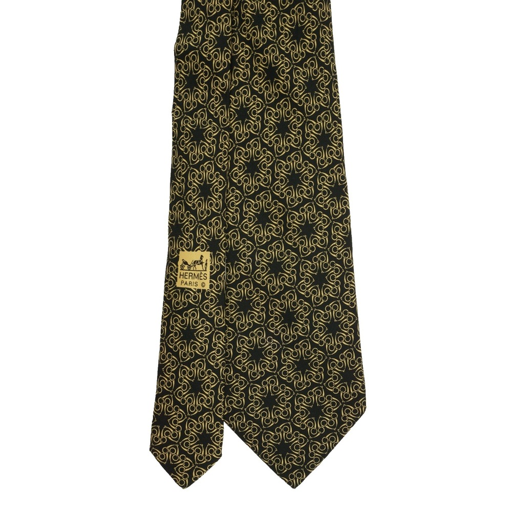 Vintage Hermes Starry Night Black Gold Geometric Silk Neck Tie 59" x 3.5" France